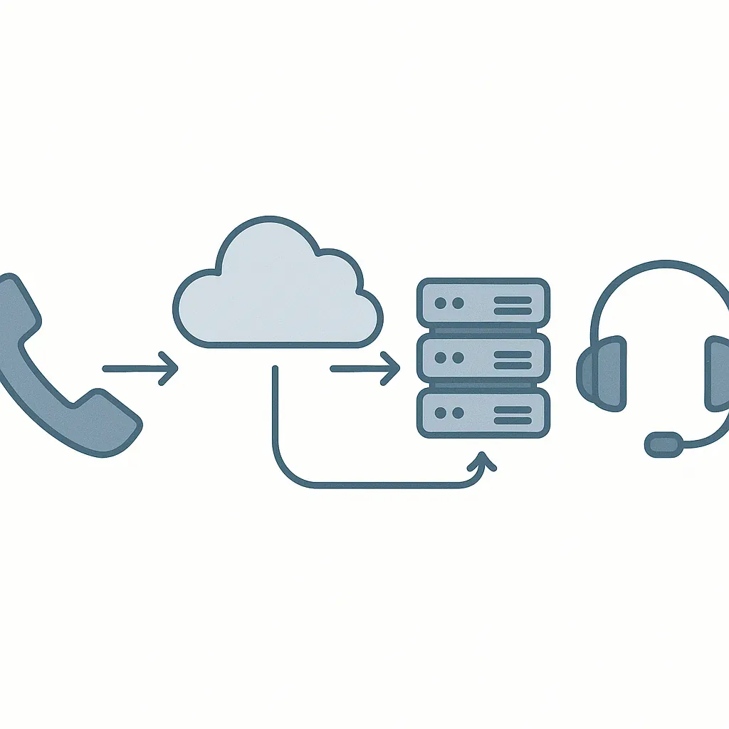 Diagram showing an automated call flow from phone to call center agent
