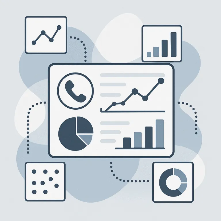 Illustration of a call center analytics dashboard with performance charts